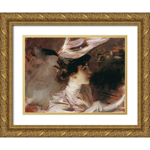 Il cappellino nuovo-Lina Cavalieri Gold Ornate Wood Framed Art Print with Double Matting by Boldini, Giovanni