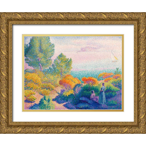 Two Women by the Shore, Mediterranean Gold Ornate Wood Framed Art Print with Double Matting by Cross, Henri Edmond