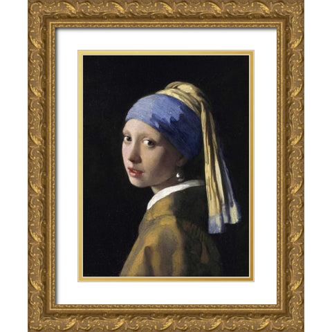 Girl With A Pearl Earring Gold Ornate Wood Framed Art Print with Double Matting by Vermeer, Jan