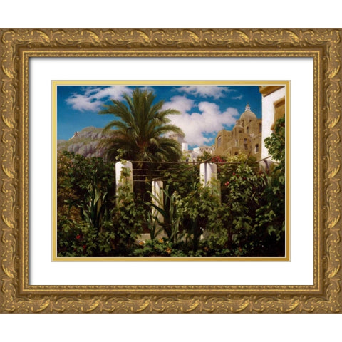 Garden of an Inn Capri Gold Ornate Wood Framed Art Print with Double Matting by Leighton, Frederic