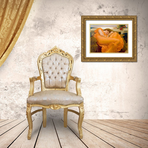 Flaming June Gold Ornate Wood Framed Art Print with Double Matting by Leighton, Frederic