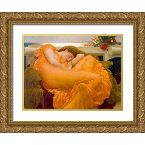 Flaming June Gold Ornate Wood Framed Art Print with Double Matting by Leighton, Frederic