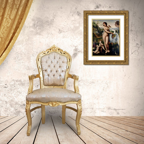 Leda and the Swan  Gold Ornate Wood Framed Art Print with Double Matting by After Leonardo Da Vinci