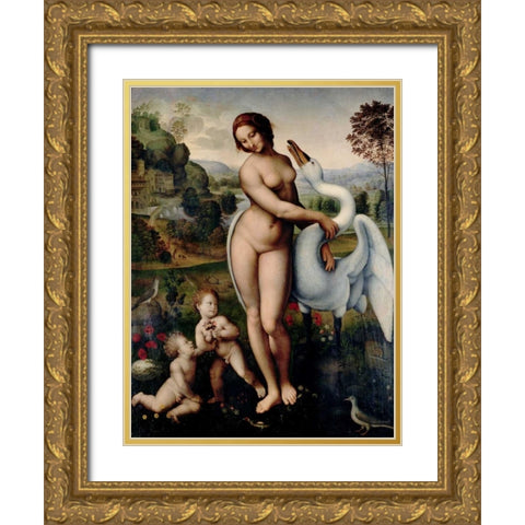 Leda and the Swan  Gold Ornate Wood Framed Art Print with Double Matting by After Leonardo Da Vinci