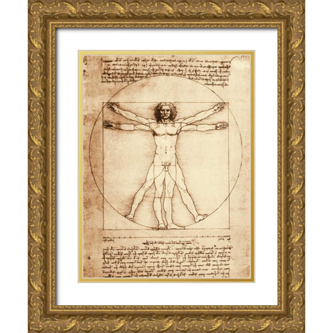 Vitruvian Man Gold Ornate Wood Framed Art Print with Double Matting by da Vinci, Leonardo