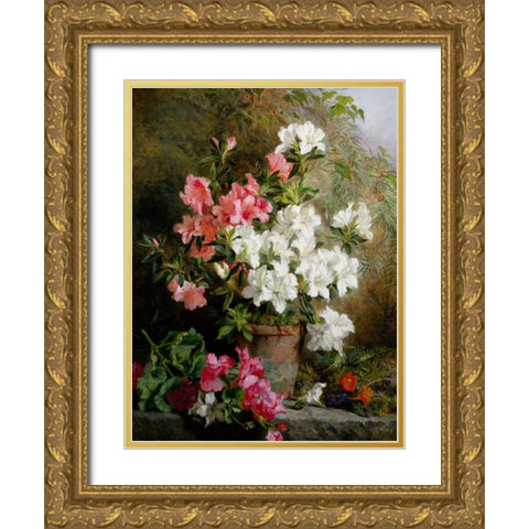Still Life of Azaleas Gold Ornate Wood Framed Art Print with Double Matting by Feray Mutrie, Annie