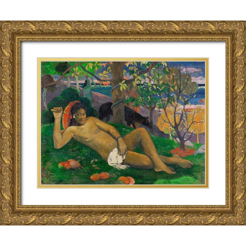 Te arii vahine (The Kings Wife) Gold Ornate Wood Framed Art Print with Double Matting by Gauguin, Paul