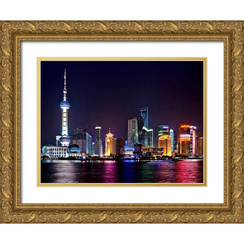 Shanghai at night Gold Ornate Wood Framed Art Print with Double Matting by Ratsenskiy, Vadim