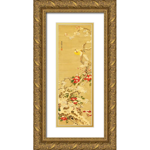 Bird among Camellias in Snow  Gold Ornate Wood Framed Art Print with Double Matting by Anonymous