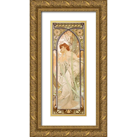 Times of the Day: Evening Gold Ornate Wood Framed Art Print with Double Matting by Mucha, Alphonse