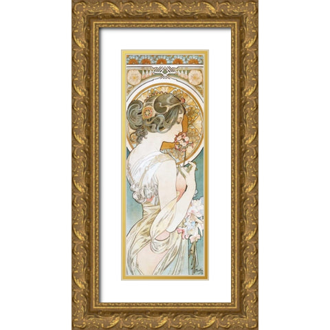 La Primevere Gold Ornate Wood Framed Art Print with Double Matting by Mucha, Alphonse