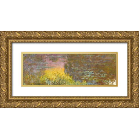 The Water Lilies - Setting Sun Gold Ornate Wood Framed Art Print with Double Matting by Monet, Claude