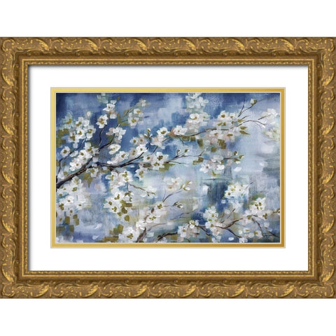 Cherry Blossoms Branch Blue and White landscape Gold Ornate Wood Framed Art Print with Double Matting by Tre Sorelle Studios