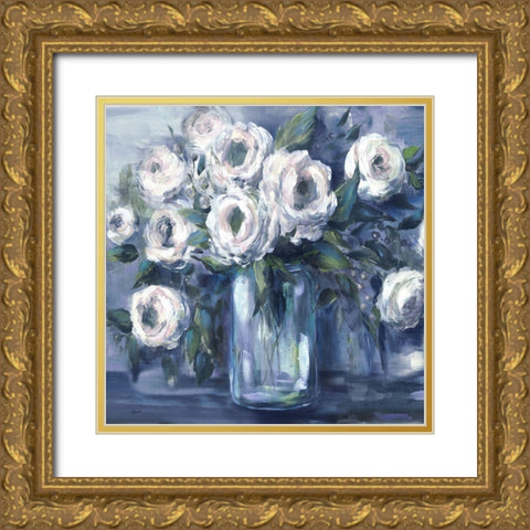 Indigo and White Blooms in Mason Jar Gold Ornate Wood Framed Art Print with Double Matting by Tre Sorelle Studios