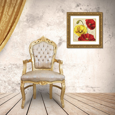 Red and Yellow Poppy Damask I Gold Ornate Wood Framed Art Print with Double Matting by Milan, Vittorio