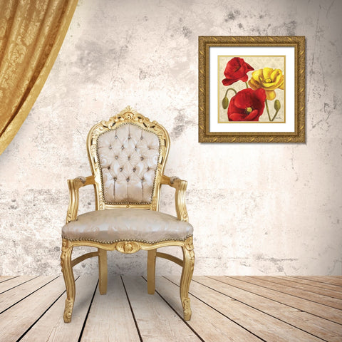 Red and Yellow Poppy Damask II Gold Ornate Wood Framed Art Print with Double Matting by Milan, Vittorio