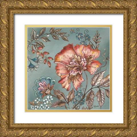 Garden Vines I on Teal Gold Ornate Wood Framed Art Print with Double Matting by Tre Sorelle Studios