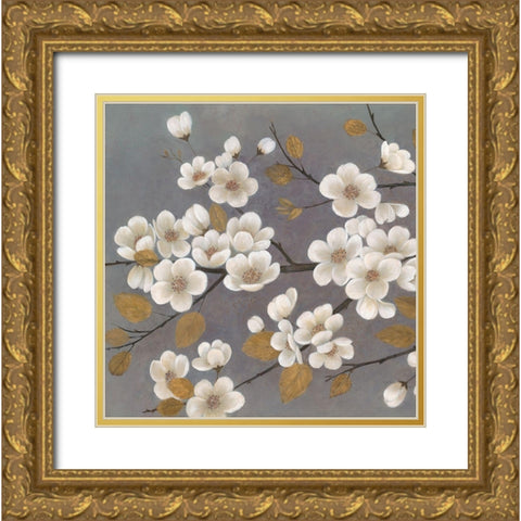 Gold Leaf Blossom Branch Square Gold Ornate Wood Framed Art Print with Double Matting by Ng, Crystal