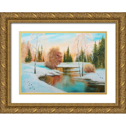 Oil forestlake I Gold Ornate Wood Framed Art Print with Double Matting by Natalia, Gusak
