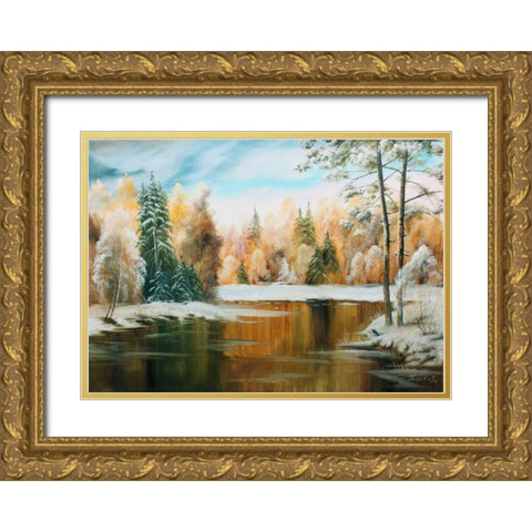 Oil forestlake III Gold Ornate Wood Framed Art Print with Double Matting by Natalia, Gusak