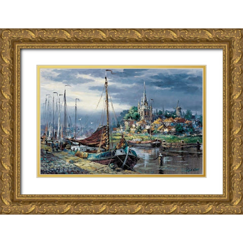 Picturesque harbour view Gold Ornate Wood Framed Art Print with Double Matting by Withaar, Reint