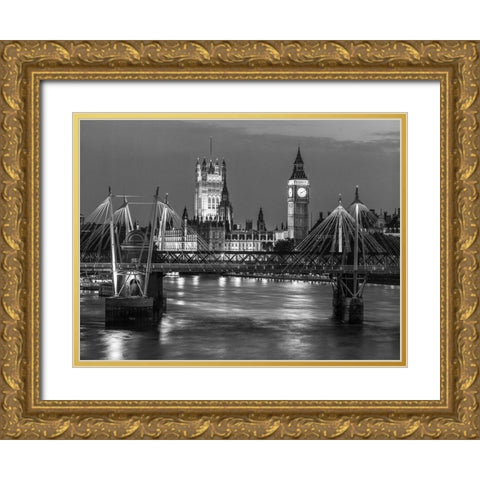 London-River Thames-Waterloo brigde and houses of parliment at night Gold Ornate Wood Framed Art Print with Double Matting by Frank, Assaf