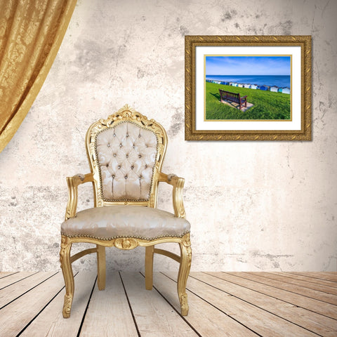 Bench on lawn with beach huts in background Gold Ornate Wood Framed Art Print with Double Matting by Frank, Assaf
