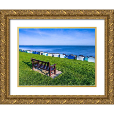 Bench on lawn with beach huts in background Gold Ornate Wood Framed Art Print with Double Matting by Frank, Assaf