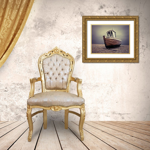 Boat moored on pebbled Beach Gold Ornate Wood Framed Art Print with Double Matting by Frank, Assaf