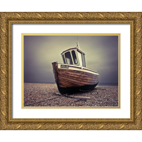Boat moored on pebbled Beach Gold Ornate Wood Framed Art Print with Double Matting by Frank, Assaf