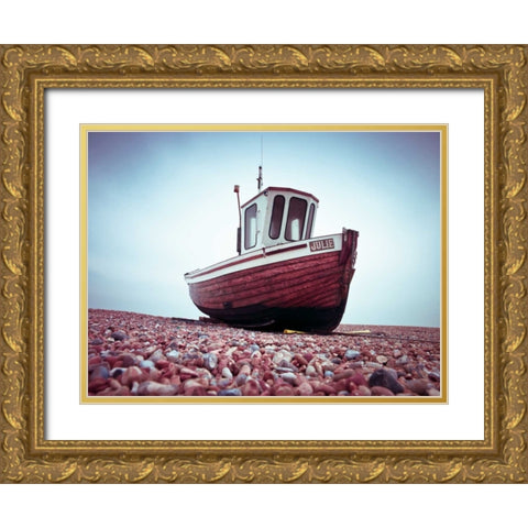 Boat moored on pebbled Beach Gold Ornate Wood Framed Art Print with Double Matting by Frank, Assaf