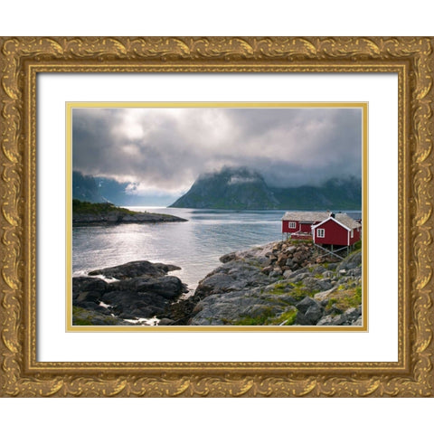 Fishing huts on the waterfront, Lofoten, Norway Gold Ornate Wood Framed Art Print with Double Matting by Frank, Assaf