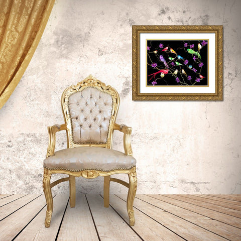 Fake birds on branches Gold Ornate Wood Framed Art Print with Double Matting by Frank, Assaf