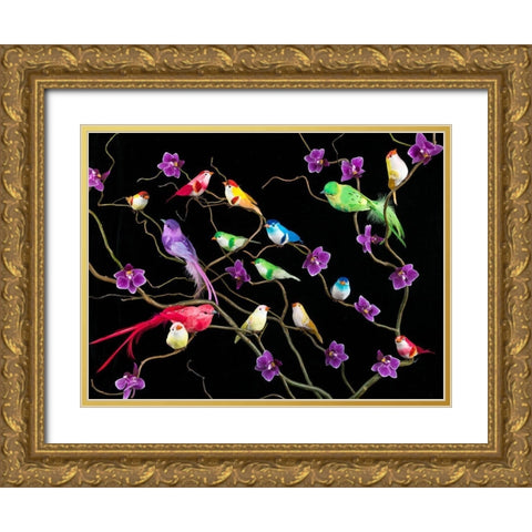Fake birds on branches Gold Ornate Wood Framed Art Print with Double Matting by Frank, Assaf