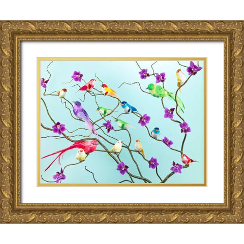 Fake birds on branches Gold Ornate Wood Framed Art Print with Double Matting by Frank, Assaf