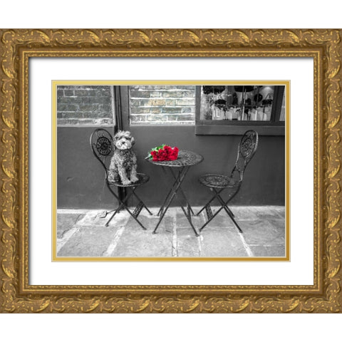 Dog Sitting on a chair with a banch of roses on a table Gold Ornate Wood Framed Art Print with Double Matting by Frank, Assaf