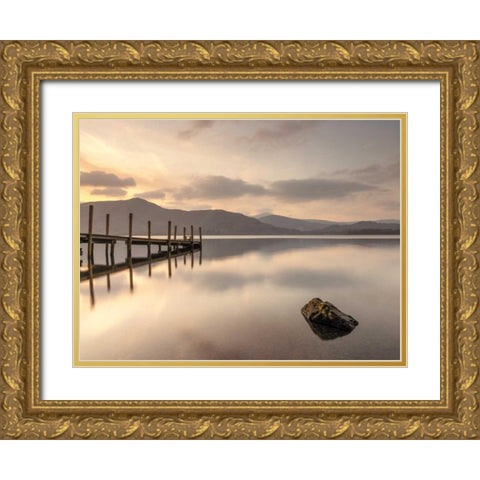 Pier on still lake Gold Ornate Wood Framed Art Print with Double Matting by Frank, Assaf