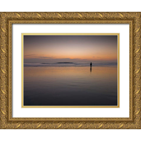 Little boy standing on the beach at dusk Gold Ornate Wood Framed Art Print with Double Matting by Frank, Assaf