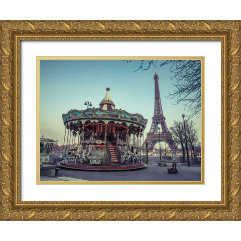 Carousel with the Eiffel tower in the background Gold Ornate Wood Framed Art Print with Double Matting by Frank, Assaf