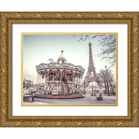 Carousel and the Eiffel tower Gold Ornate Wood Framed Art Print with Double Matting by Frank, Assaf