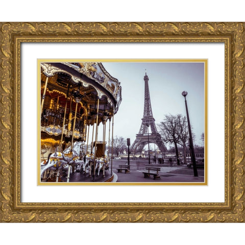 Carousel with the Eiffel tower in the background Gold Ornate Wood Framed Art Print with Double Matting by Frank, Assaf