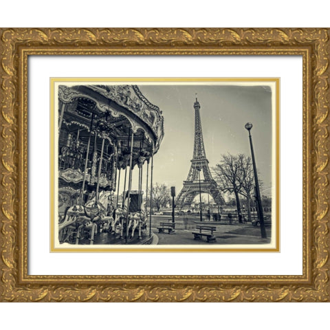 Carousel with the Eiffel tower in the background Gold Ornate Wood Framed Art Print with Double Matting by Frank, Assaf