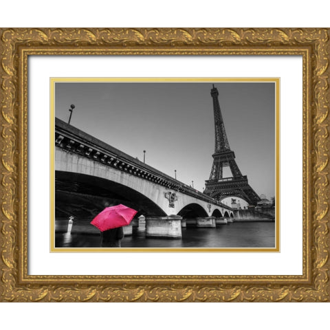 Bridge over river Siene with Eifflel tower in background, Paris, France Gold Ornate Wood Framed Art Print with Double Matting by Frank, Assaf