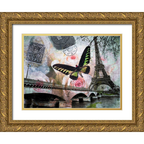 Eiffel tower with butterfly and roses overlay Gold Ornate Wood Framed Art Print with Double Matting by Frank, Assaf