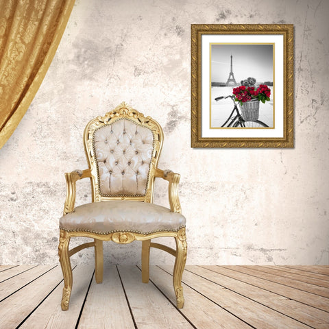 Teddy Bears and bunch of red roses on bicycle with Eiffel tower in the background Gold Ornate Wood Framed Art Print with Double Matting by Frank, Assaf