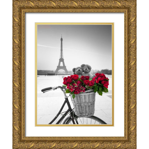 Teddy Bears and bunch of red roses on bicycle with Eiffel tower in the background Gold Ornate Wood Framed Art Print with Double Matting by Frank, Assaf