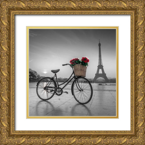 A bicycle with a basket of flowers with the Eiffel tower in the background Gold Ornate Wood Framed Art Print with Double Matting by Frank, Assaf