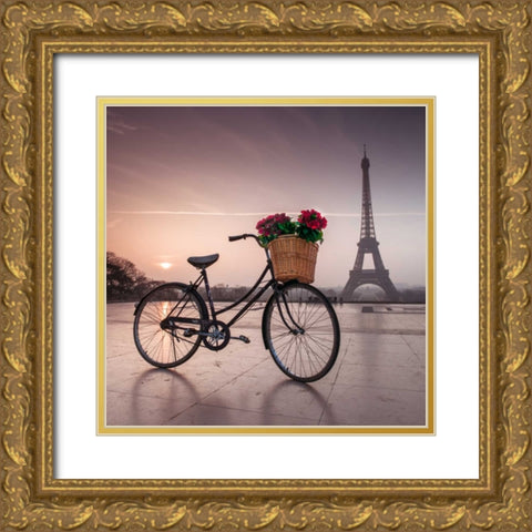 A bicycle with a basket of flowers with the Eiffel tower in the background Gold Ornate Wood Framed Art Print with Double Matting by Frank, Assaf