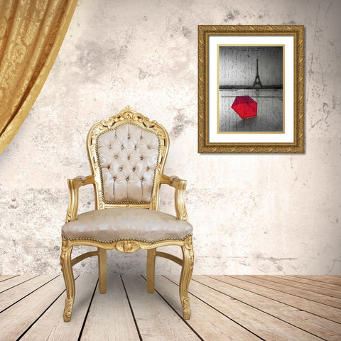 Red umbrella in front of the Eiffel tower with handwritting overlay Gold Ornate Wood Framed Art Print with Double Matting by Frank, Assaf