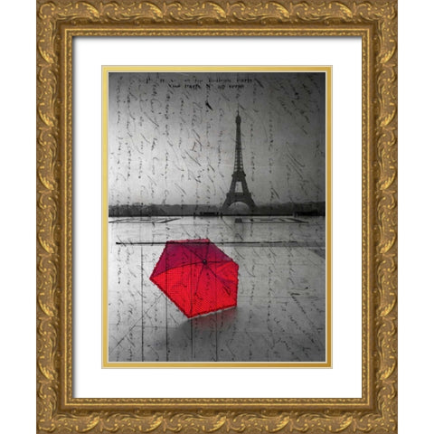 Red umbrella in front of the Eiffel tower with handwritting overlay Gold Ornate Wood Framed Art Print with Double Matting by Frank, Assaf